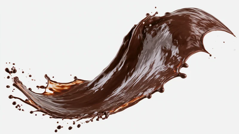 Liquid milk chocolate splash frozen mid-motion arcing wave against white background