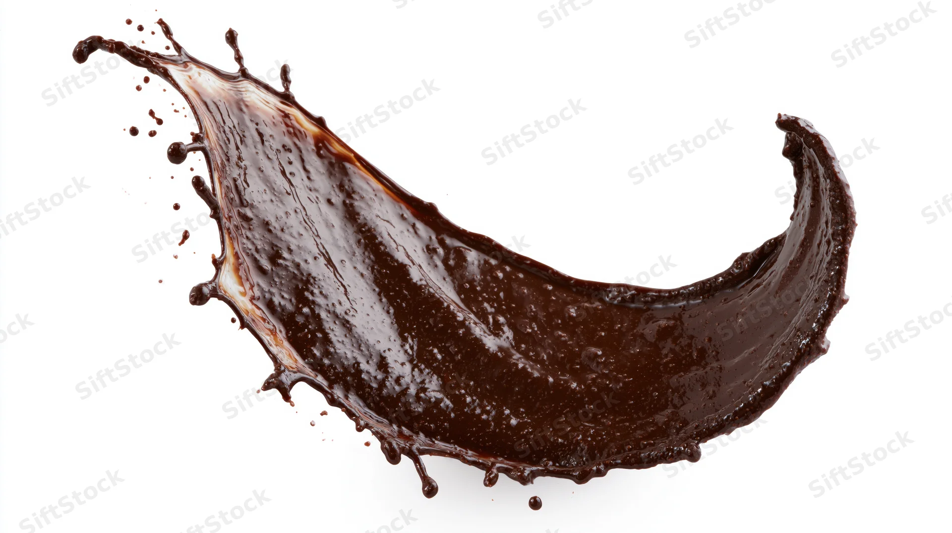 Frozen midair arc of liquid milk chocolate splash against white background
