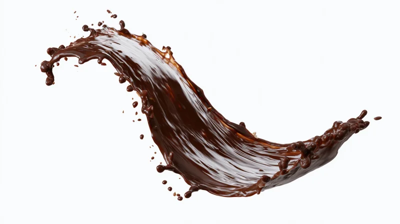 Liquid milk chocolate splash frozen mid-motion arcing wave against white background