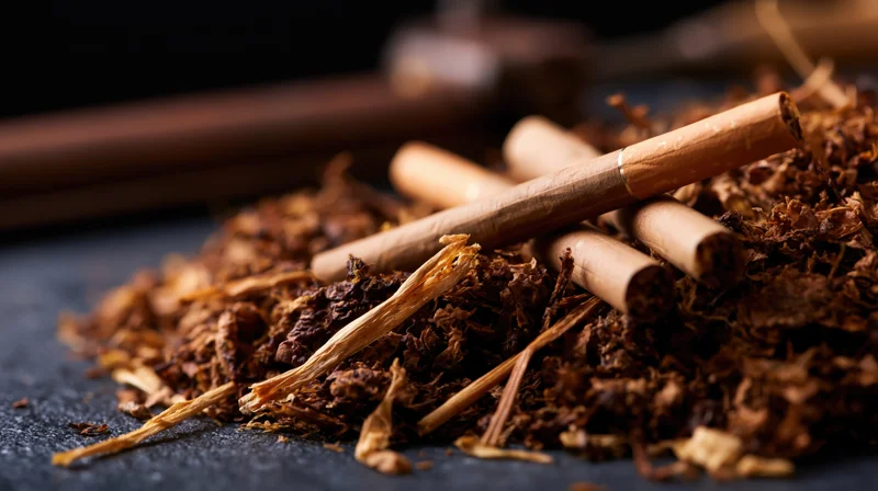 Loose shredded tobacco piled on dark surface with several cigars resting on top