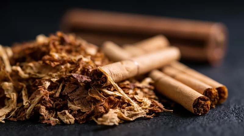 Loose shredded tobacco piled beside rolled cigarettes on a dark surface
