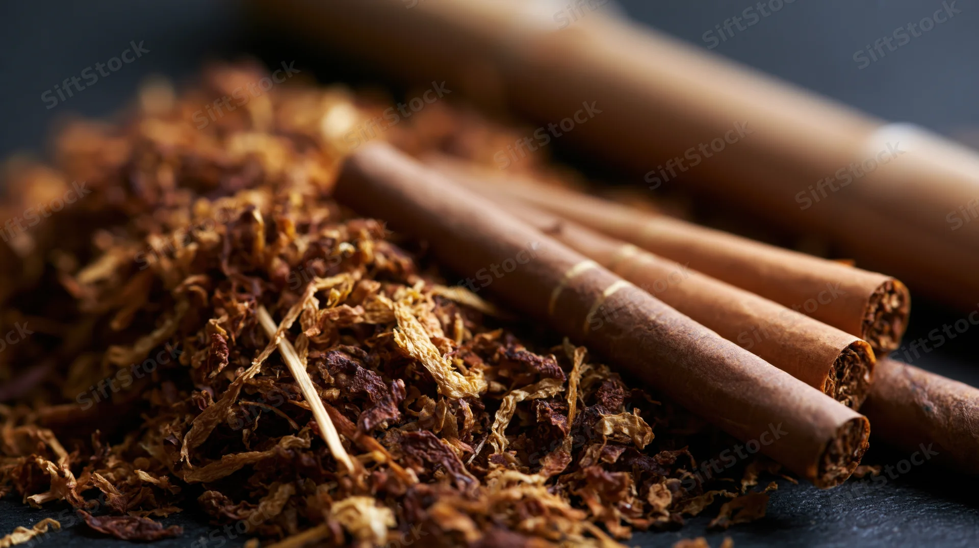 Pile of loose shredded tobacco with cigars on dark surface