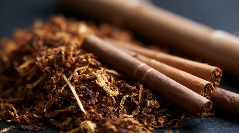 Pile of loose shredded tobacco with cigars on dark surface