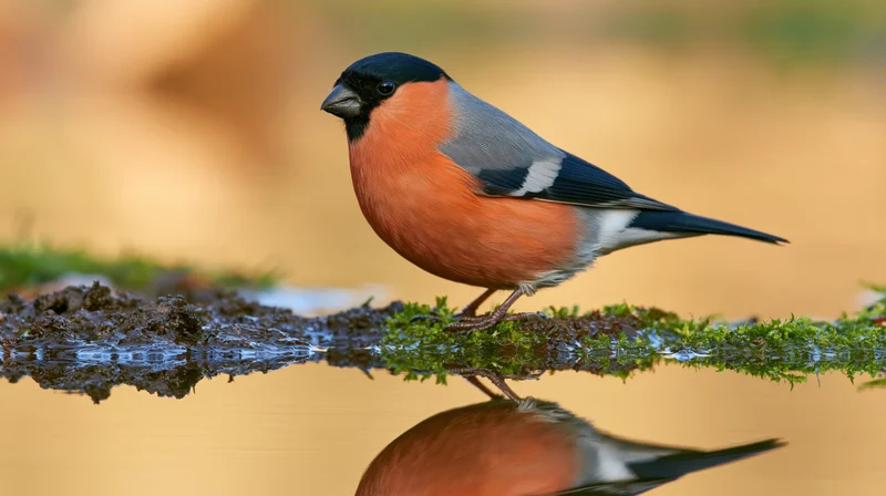 Male eurasian bullfinch perched on mossy muddy rock with water reflection
