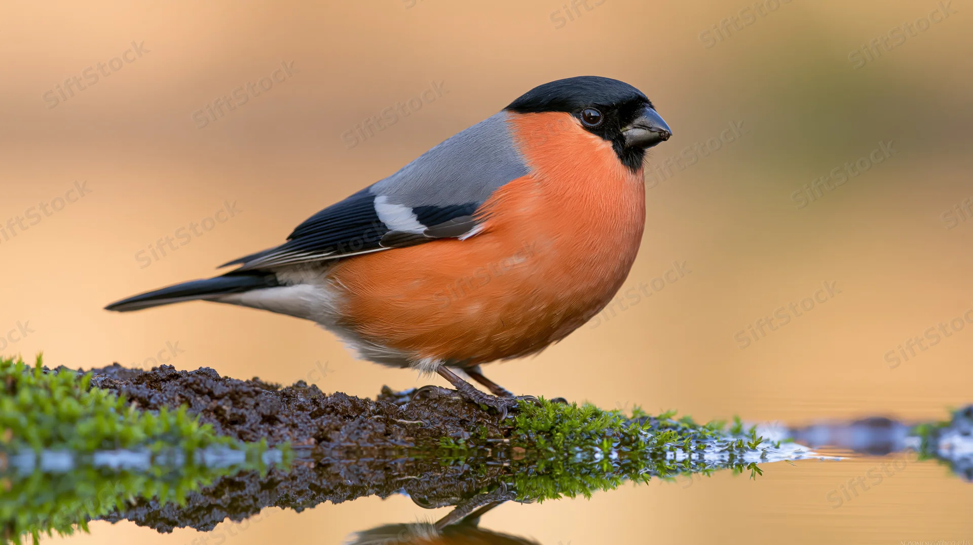Male eurasian bullfinch perched on mossy muddy rock near water with reflection