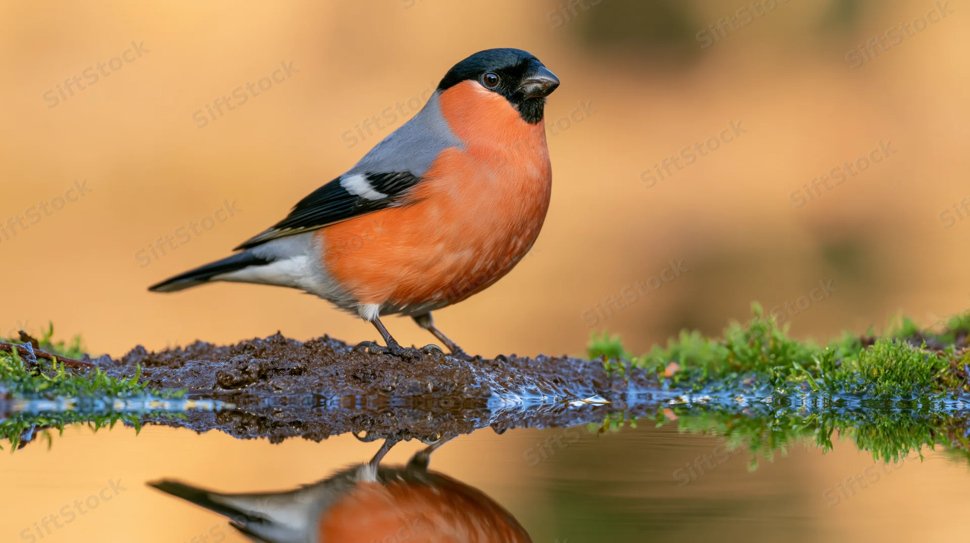 Male eurasian bullfinch perched on mossy muddy rock with reflection in water