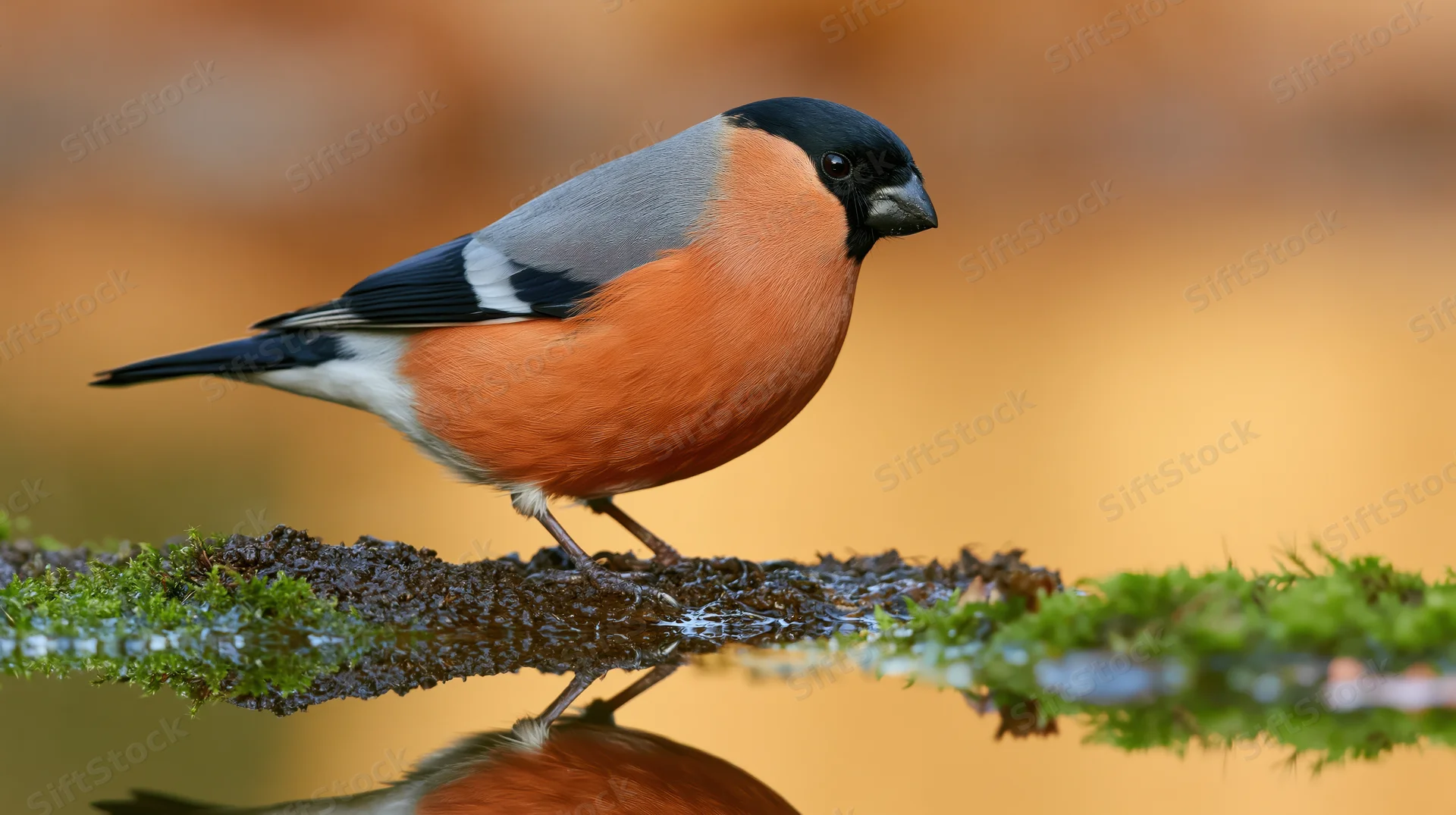 Male eurasian bullfinch perched on mossy branch with reflection in water