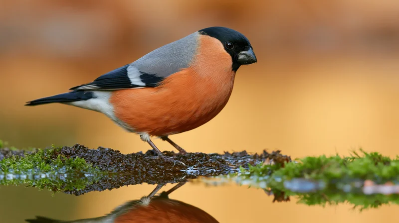 Male eurasian bullfinch perched on mossy branch with reflection in water