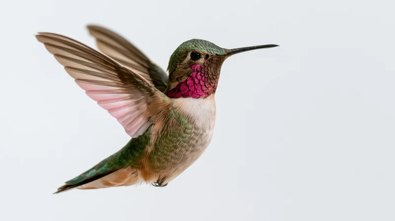 Male broad-tailed hummingbird hovering mid-flight with wings spread against white background