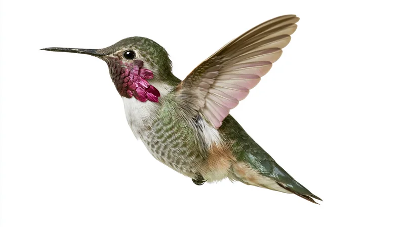 Male broad-tailed hummingbird hovering mid-flight with wings extended against white background