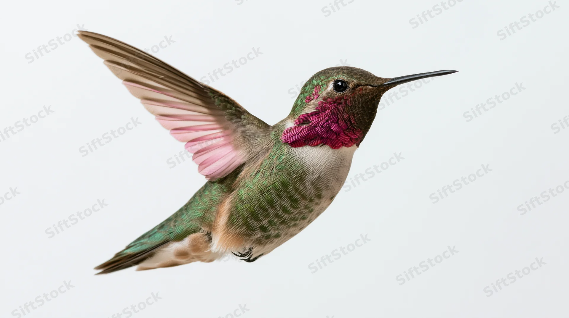 Male broad-tailed hummingbird hovering mid-flight with wings extended against white background
