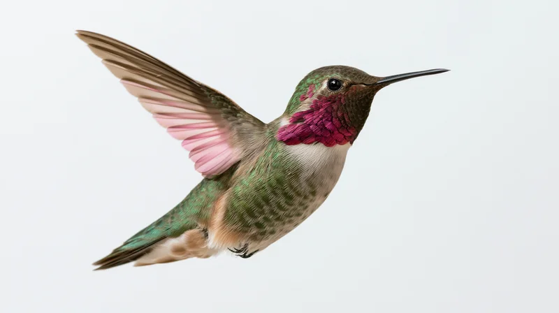 Male broad-tailed hummingbird hovering mid-flight with wings extended against white background