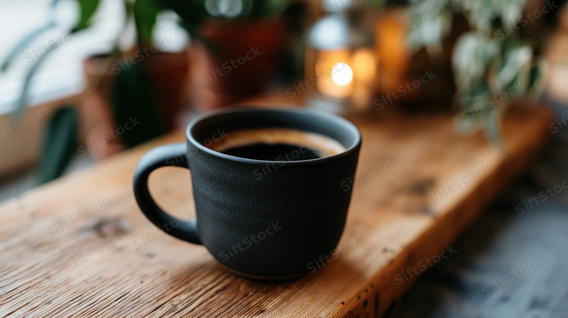 Matte black ceramic coffee mug filled with espresso on a wooden table with plants and candlelight in the background
