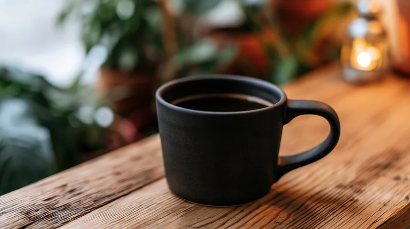 Matte black ceramic coffee mug filled with espresso on a wooden table with plants and candlelight in the background