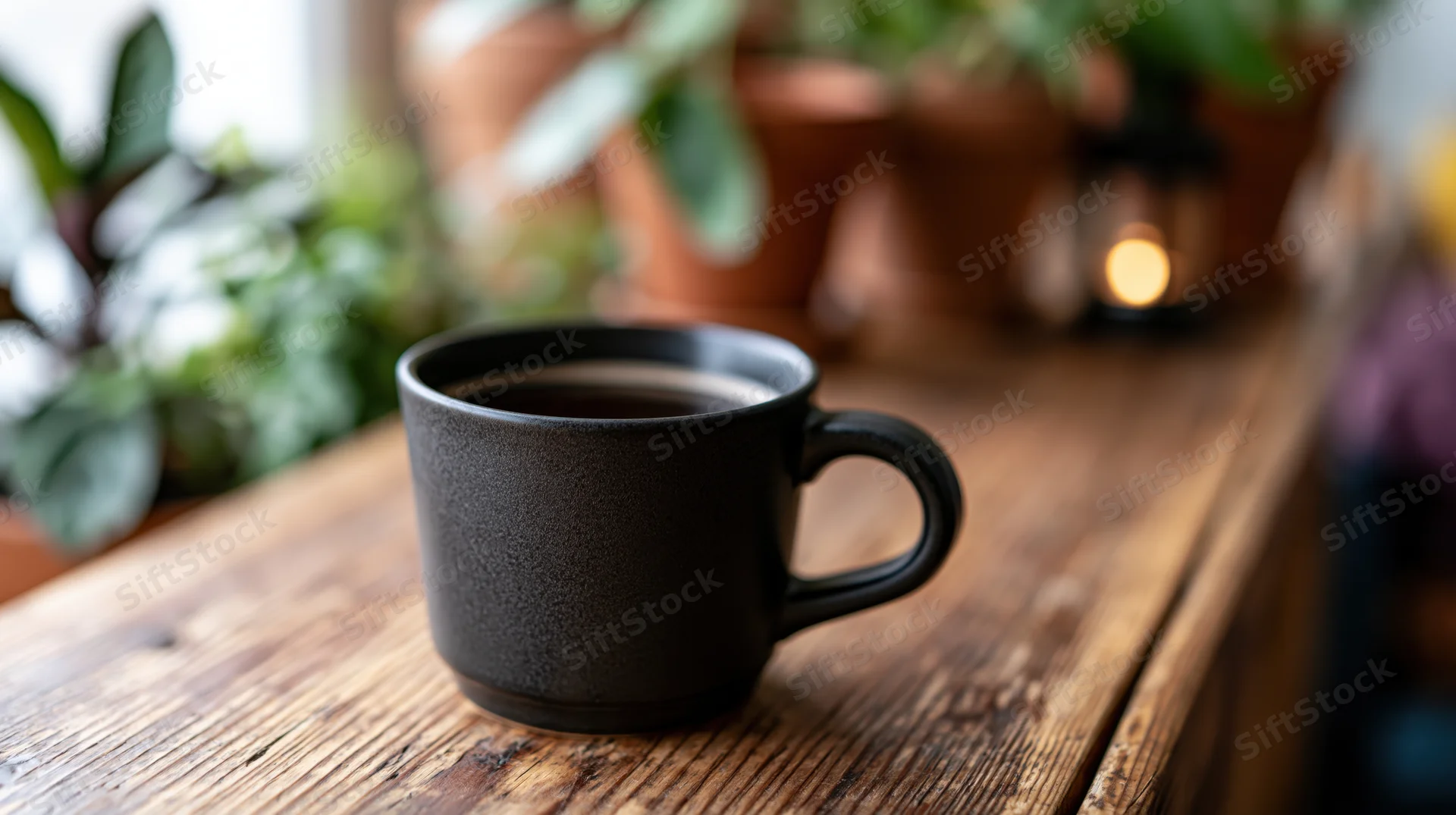 Matte black ceramic coffee mug filled with espresso on a wooden table near potted plants and a candle