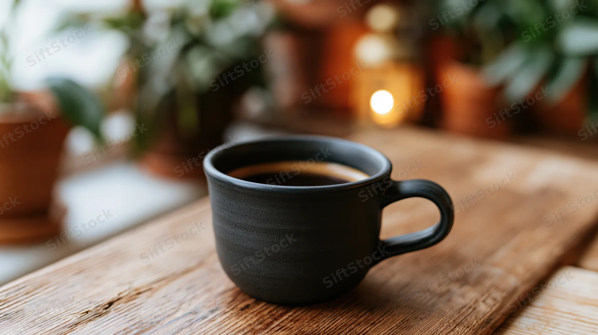 Black ceramic coffee mug filled with espresso on a wooden table near potted plants and a lit candle