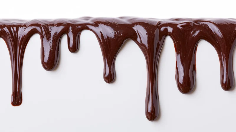 Melted dark chocolate dripping downward along the top edge of a white surface