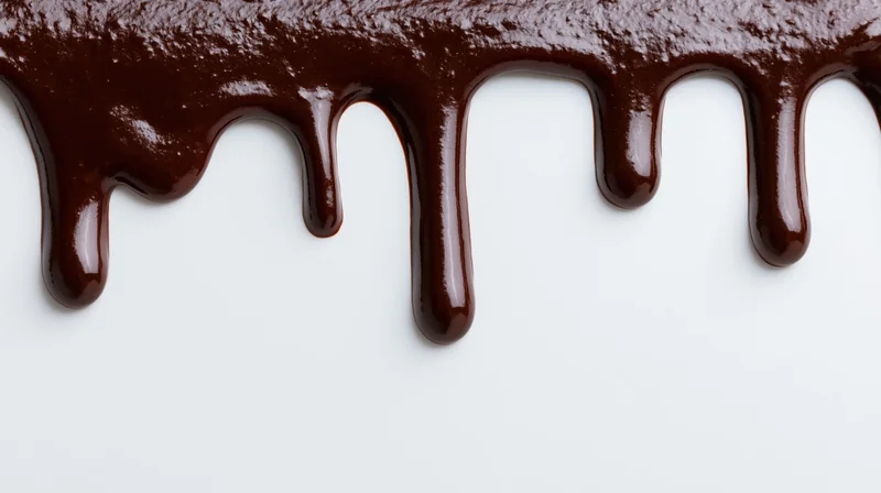 Melted dark chocolate dripping downward along the top edge of a white surface