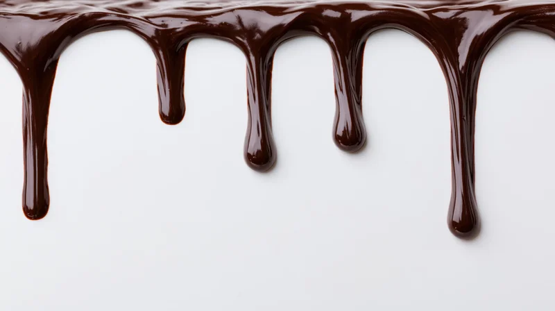 Melted dark chocolate dripping downward along the top edge of a white surface