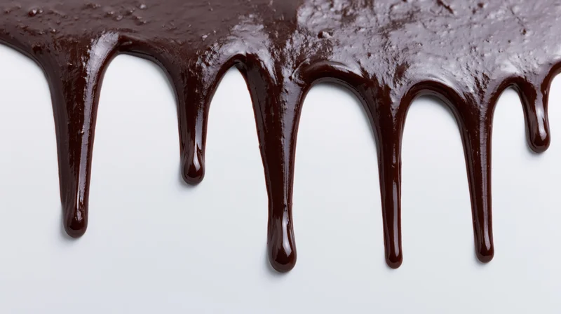 Melted dark chocolate dripping in multiple streams on a white surface