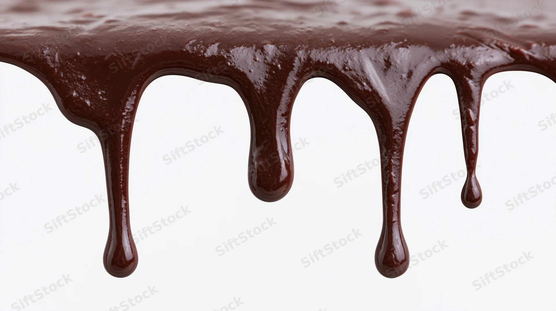 Melted dark chocolate dripping in multiple streams against a white background