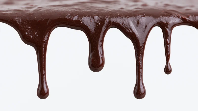 Melted dark chocolate dripping in multiple streams against a white background