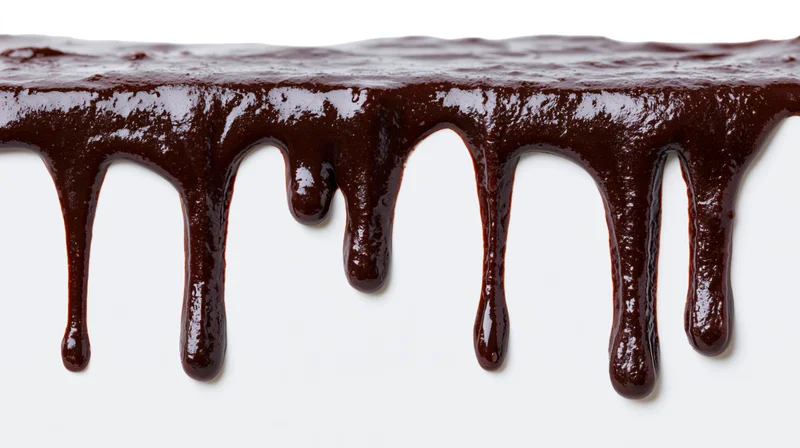 Melted dark chocolate dripping in multiple streams against a white background