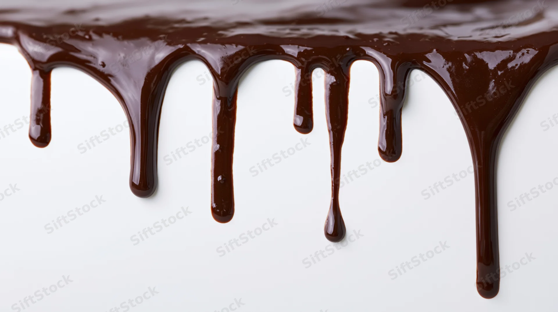 Melted dark chocolate dripping in multiple streams against a white background