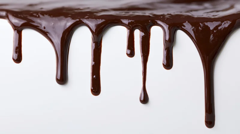 Melted dark chocolate dripping in multiple streams against a white background