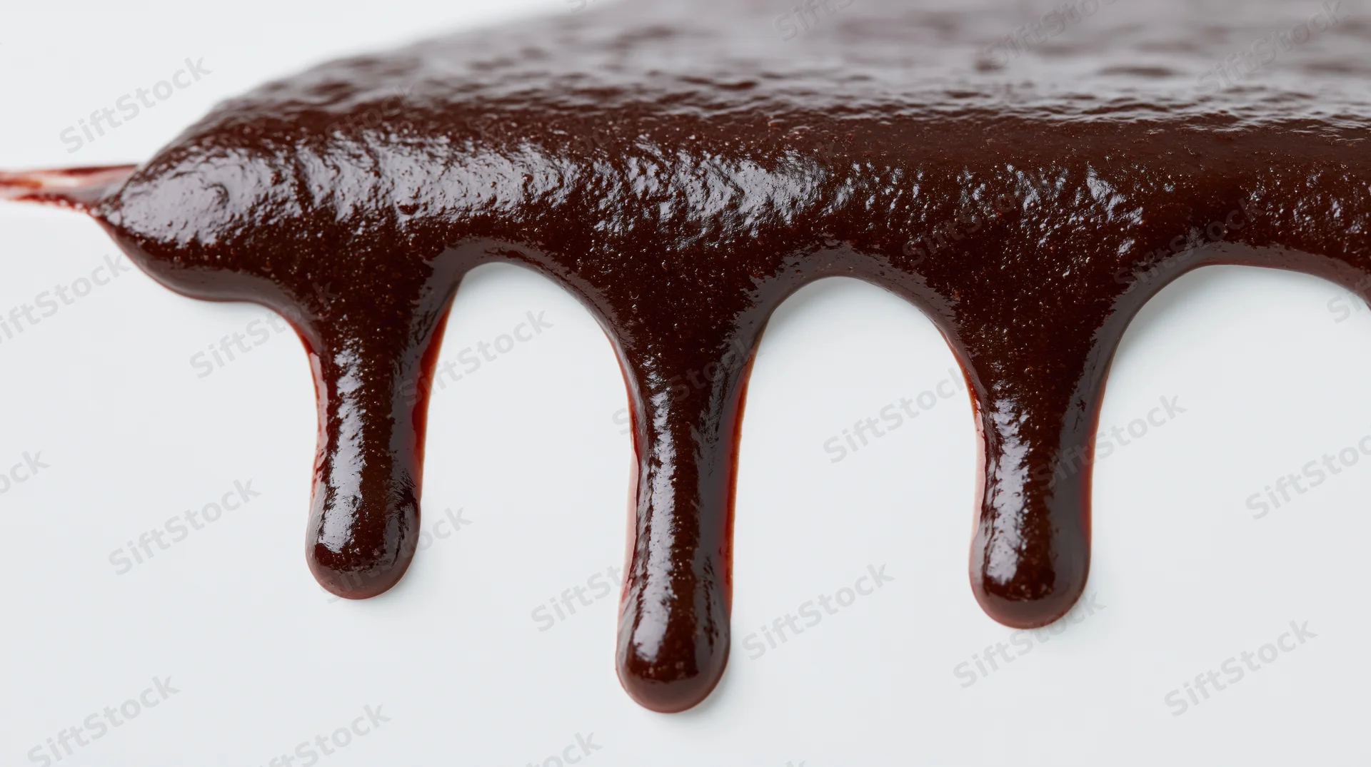 Melted dark chocolate dripping downward in slow flowing streams on white background
