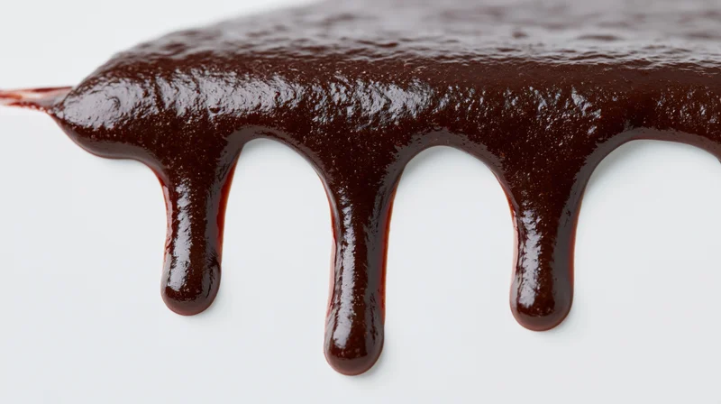 Melted dark chocolate dripping downward in slow flowing streams on white background