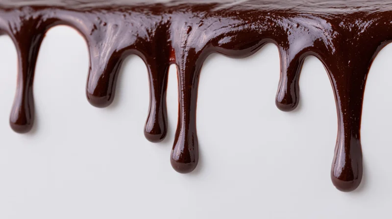 Melted dark chocolate dripping downward in slow flowing stream