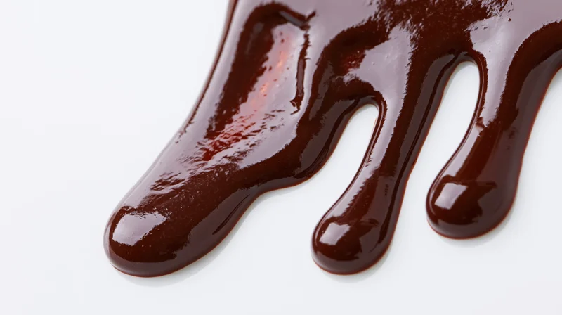 Melted dark chocolate dripping in slow flowing streams on white background