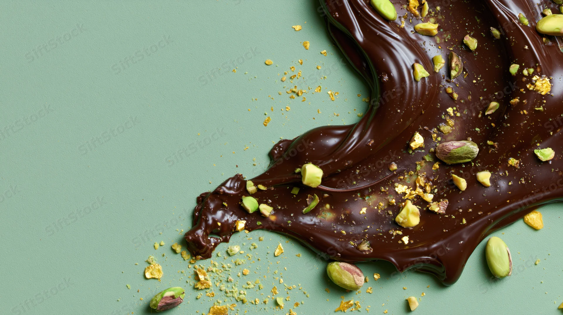Melted dark chocolate spread with pistachios on a sage green surface