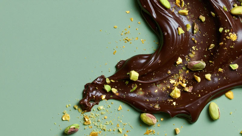Melted dark chocolate spread with pistachios on a sage green surface