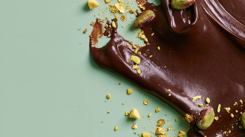 Melted dark chocolate spread with pistachios and gold flakes on a sage green surface