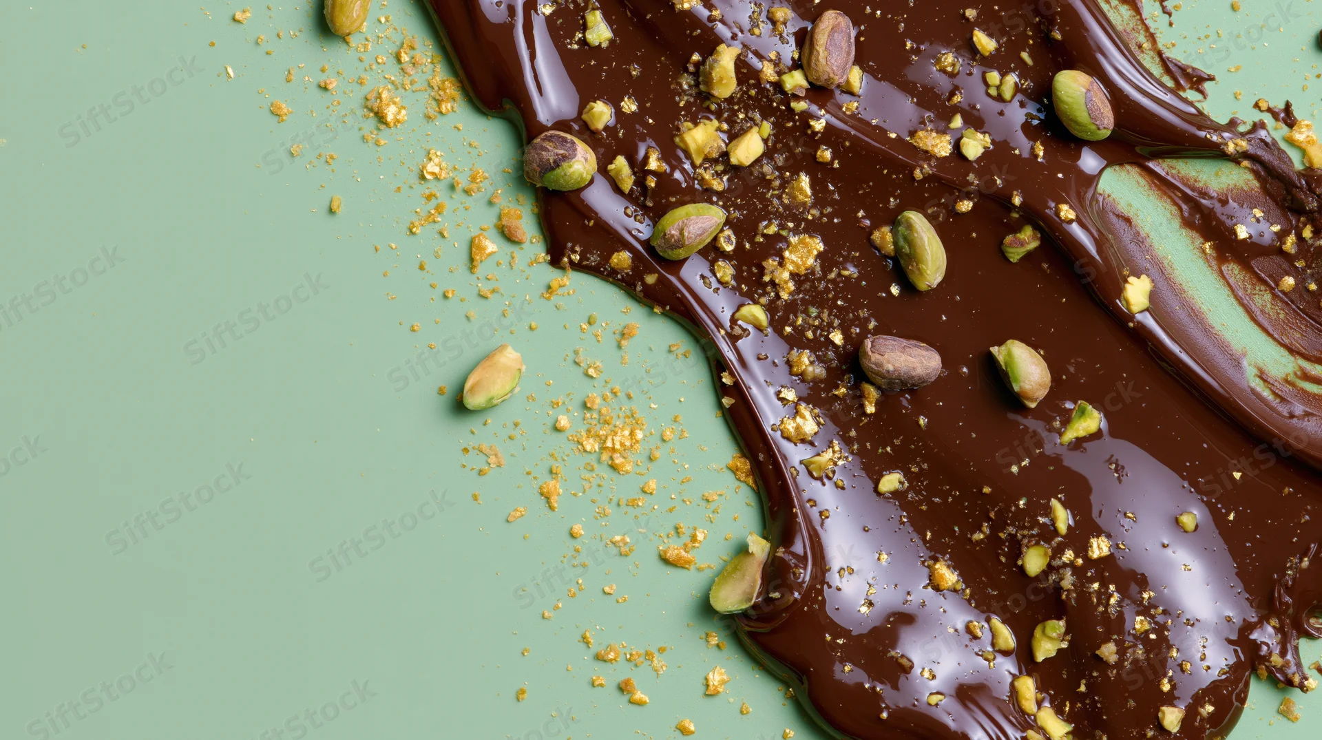 Melted dark chocolate spread with pistachios on a sage green surface