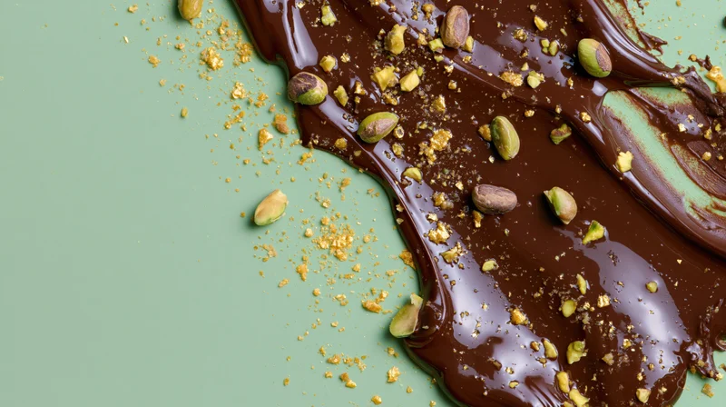 Melted dark chocolate spread with pistachios on a sage green surface