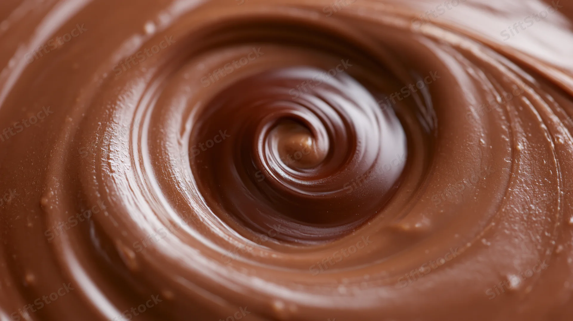 Melted milk chocolate swirled into a spiral vortex pattern