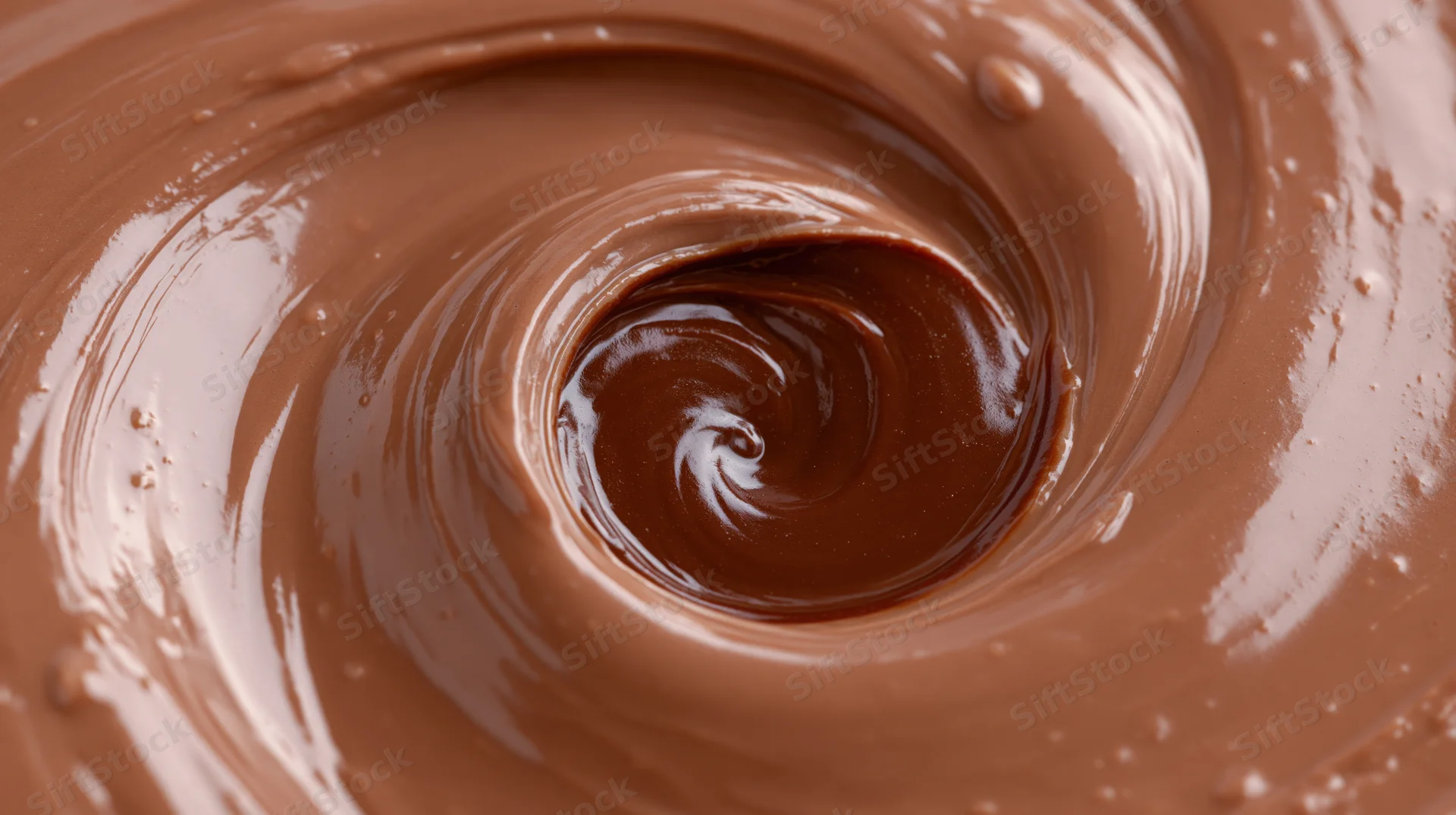 Swirling milk chocolate forming a glossy spiral vortex in close-up view