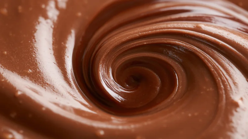 Melted milk chocolate swirled into a spiral vortex pattern