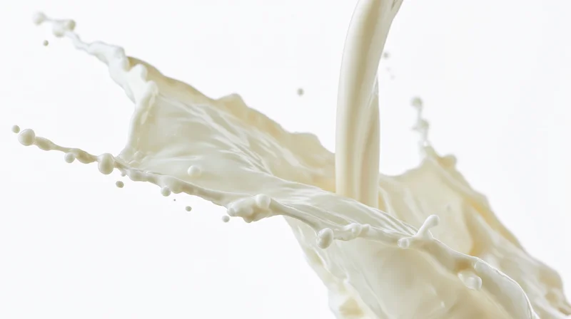 Milk pouring and splashing mid-air against a pure white background