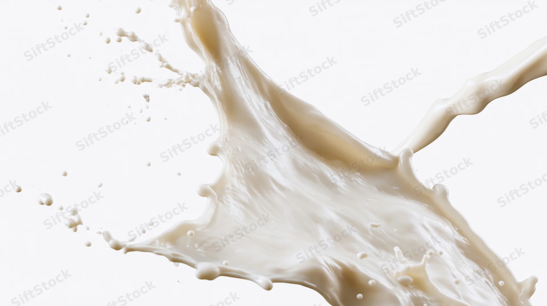 Milk splashing midair against a pure white background