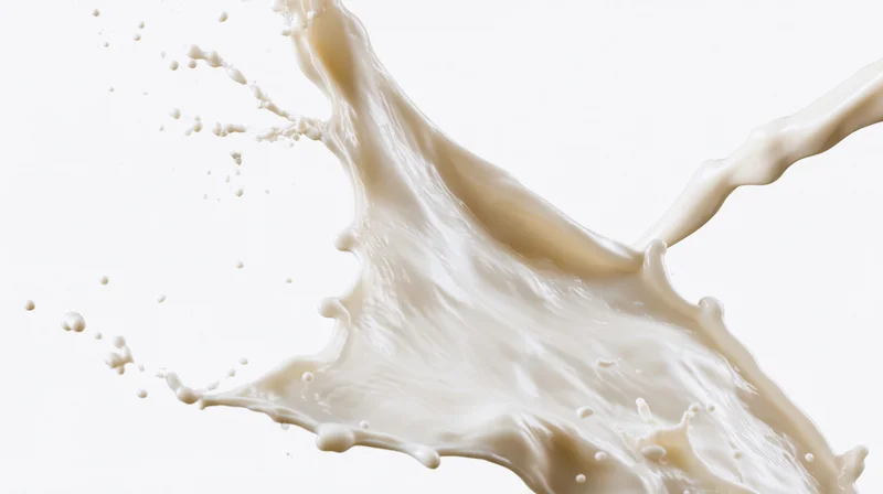 Milk splashing midair against a pure white background
