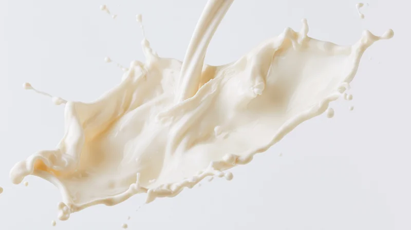 Milk pouring and splashing mid-air against a pure white background