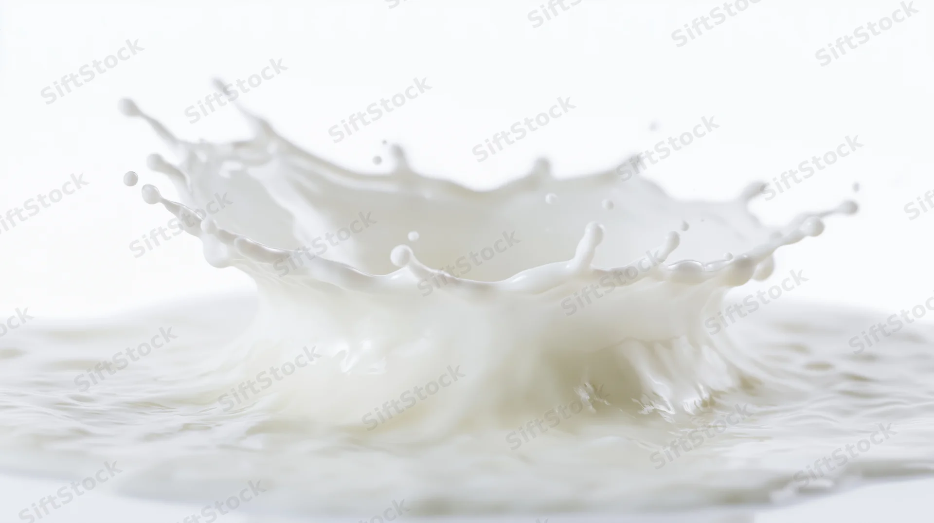Milk splash forming a crown shape mid-air above a flat pool of milk