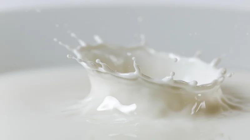 Milk splash forming a crown shape mid-air above a flat pool of milk