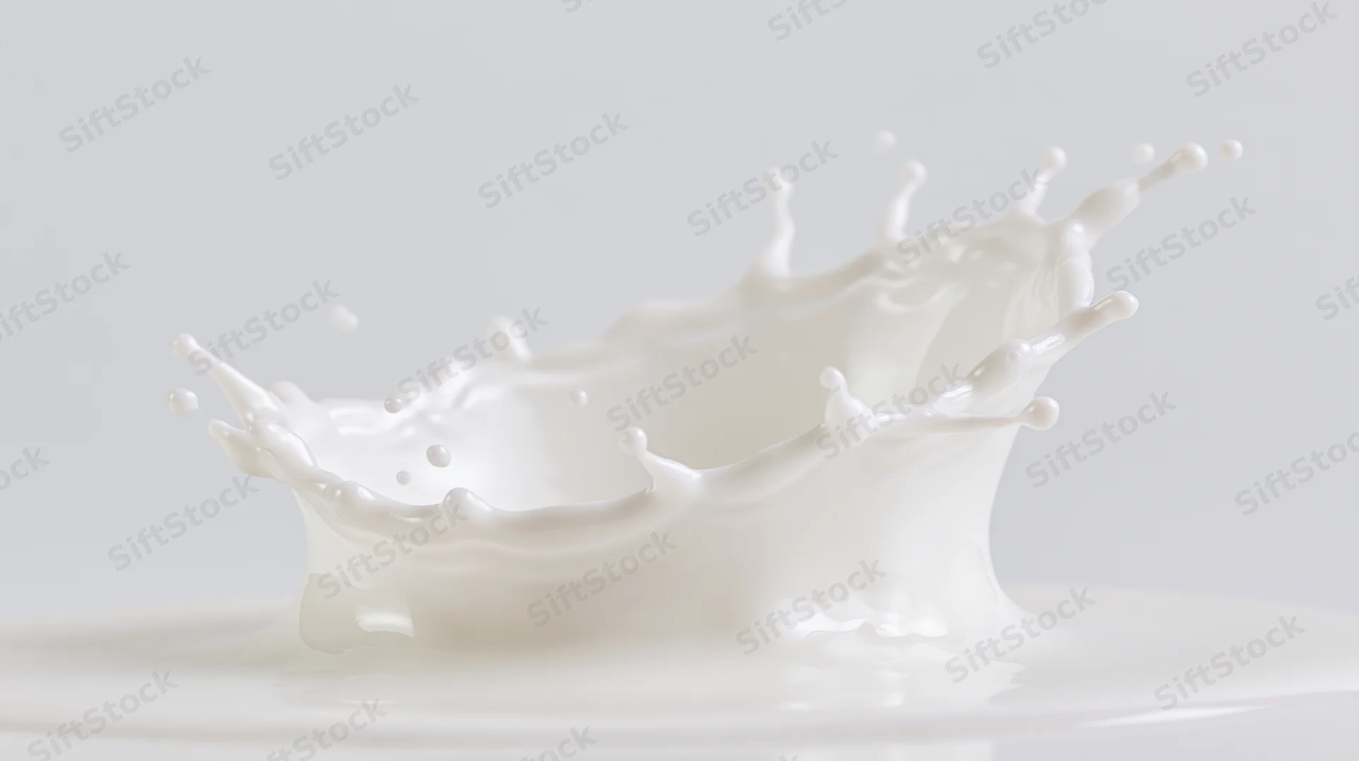 Milk splash forming a crown shape mid-air above a flat pool of milk