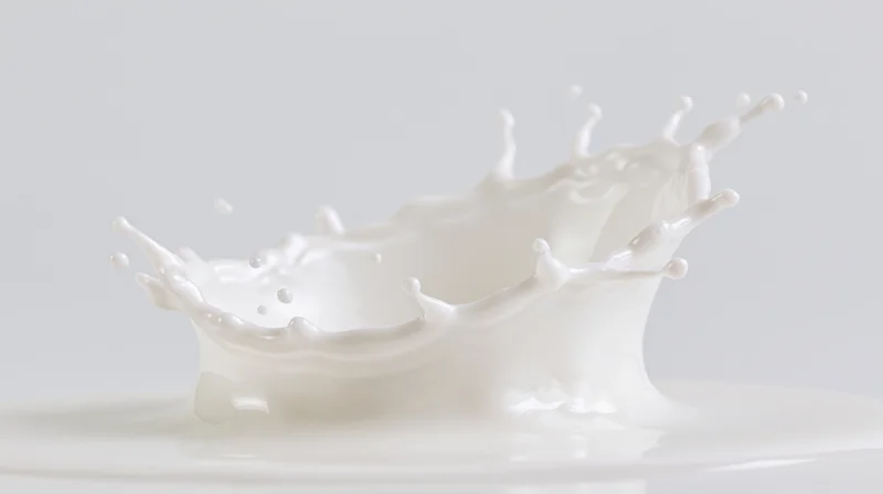 Milk splash crown formation mid-air above a flat pool of milk