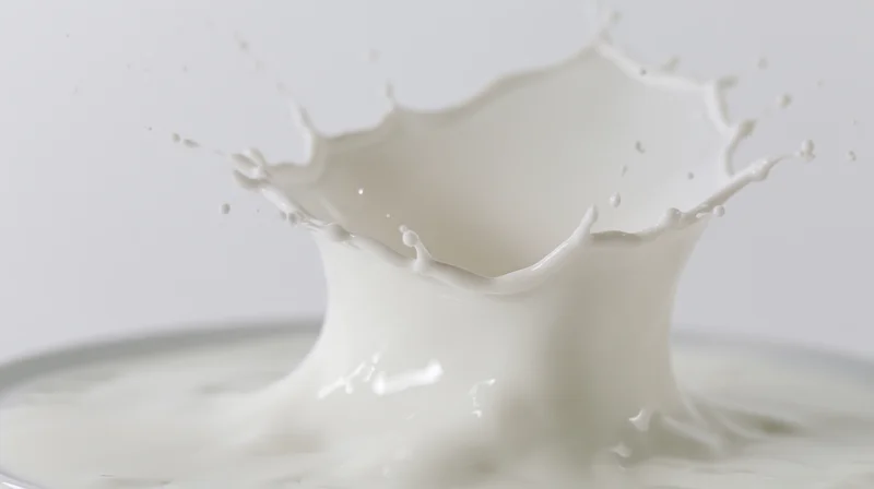 Milk splash forming a crown shape mid-air above a flat pool of milk